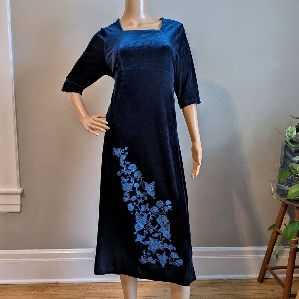 Vintage 90s Y2K Brooke Lindsay Blue Velvet Midi Dress Floral Glitter Butterfly